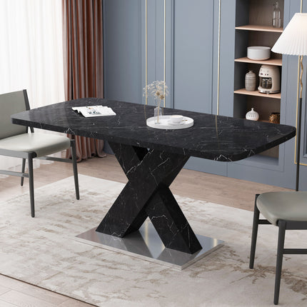 DT3- Modern Square Dining Table;  Stretchable;  Printed Black/white Marble Table Top+MDF X-Shape Table Leg with Metal Base - Likeshoppe 