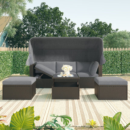 PX2- Outdoor Patio Rectangle Daybed with Retractable Canopy, Wicker Furniture Sectional Seating with Washable Cushions, Backyard, Porch - Likeshoppe 