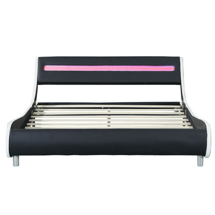 PF2- Faux Leather Upholstered Platform Bed Frame with led lighting , Curve Design, Wood Slat Support, No Box Spring Needed, Easy Assemble, Queen Size, - Likeshoppe 