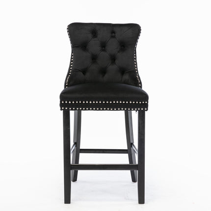 BS2- Furniture; Contemporary Velvet Upholstered Barstools with Button Tufted Decoration and Wooden Legs;  and Chrome Nailhead Trim;  Leisure Style Bar Chairs; Bar stools;  Set of 2 - Likeshoppe 