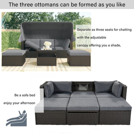 PX2- Outdoor Patio Rectangle Daybed with Retractable Canopy, Wicker Furniture Sectional Seating with Washable Cushions, Backyard, Porch - Likeshoppe 