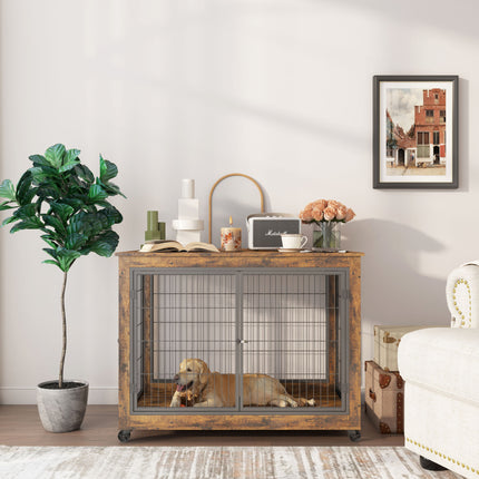 AB5- Furniture Style Dog Crate Side Table on Wheels with Double Doors and Lift Top - Likeshoppe 