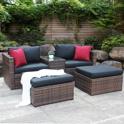 PX15- (5 Pieces Outdoor Patio Garden) Brown Wicker Sectional Conversation Sofa Set with Black Cushions and Red Pillows; w/ Furniture Protection Cover - Likeshoppe 