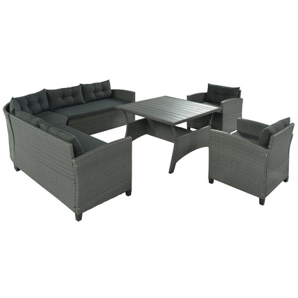 PX14- 6-Piece Outdoor Wicker Sofa Set, Patio Rattan Dinning Set, Sectional Sofa with Thick Cushions and Pillows, Plywood Table Top, For Garden, Yard, Deck - Likeshoppe 