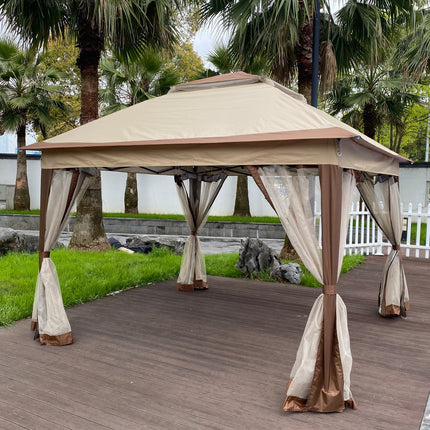 AG10- Outdoor 11x 11Ft Pop Up Gazebo Canopy With Removable Zipper Netting; 2-Tier Soft Top Event Tent; Suitable For Patio Backyard Garden Camping Area; Coffee - Likeshoppe 