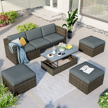 PX9- Patio Furniture Sets;  5-Piece Patio Wicker Sofa with Adustable Backrest;  Cushions;  Ottomans and Lift Top Coffee Table - Likeshoppe 