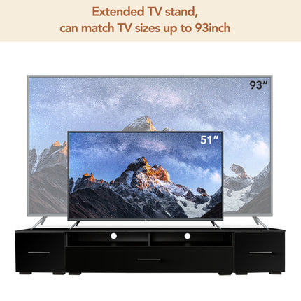 TV21- ON-TREND Extended, Minimalist Design TV stand with Color Changing LED Lights, Modern Universal Entertainment Center, High Gloss TV Cabinet for 90+ inch TV, Black - Likeshoppe 
