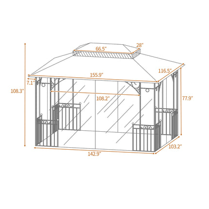 AG1- 13 Ft. W x 9.7 Ft. D Iron Patio Outdoor Gazebo;  Double Roof Soft Canopy Garden Backyard Gazebo with Mosquito Netting Suitable for Lawn;  Garden;  Backyard and Deck - Likeshoppe 