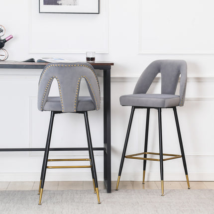BS6- Collection Modern | Contemporary Velvet Upholstered  28\\" Bar Stool & Counter Stools with Nailheads and Gold Tipped Black Metal Legs,Set of 2 - Likeshoppe 