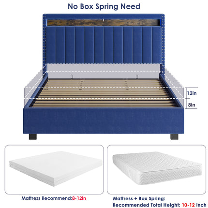BR5- Luxury Gas Lift Storage Bed with RF LED Lights, Storage Headboard ,QUEEN Size ,Velvet Blue - Likeshoppe 