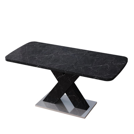 DT3- Modern Square Dining Table;  Stretchable;  Printed Black/white Marble Table Top+MDF X-Shape Table Leg with Metal Base - Likeshoppe 