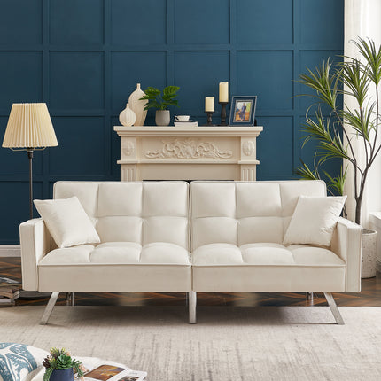 U5- Modern Velvet Sofa Couch Bed with Armrests and 2 Pillows for Living Room and Bedroom .(White) - Likeshoppe 