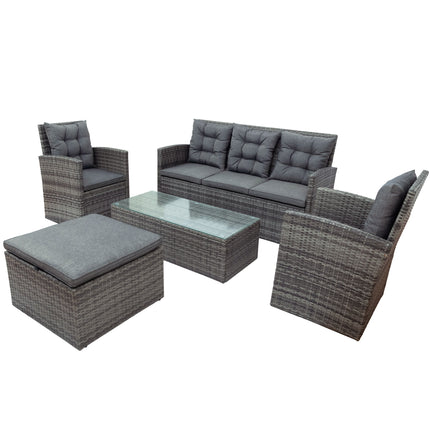 PX1- 5-piece Outdoor UV-Resistant Patio Sofa Set with Storage Bench All Weather PE Wicker Furniture Coversation Set with Glass Table, Gray - Likeshoppe 