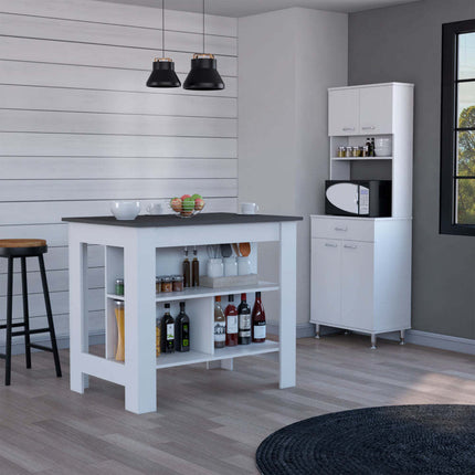 PA6- Newark 2 Piece Kitchen Set, Kitchen Island + Pantry Cabinet , White/Onyx - Likeshoppe 