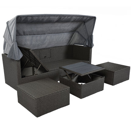 PX2- Outdoor Patio Rectangle Daybed with Retractable Canopy, Wicker Furniture Sectional Seating with Washable Cushions, Backyard, Porch - Likeshoppe 
