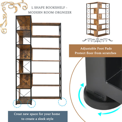 BC2- 7-Tier Bookcase Home Office Bookshelf, L-Shaped Corner Bookcase with Metal Frame, Industrial Style Shelf with Open Storage, MDF Board - Likeshoppe 