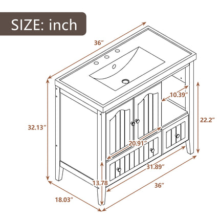 PT1- 36\\" Bathroom Vanity with Ceramic Basin;  Bathroom Storage Cabinet with Two Doors and Drawers;  Solid Frame;  Metal Handles - Likeshoppe 