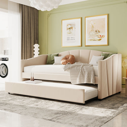 U3-Upholstered Daybed Sofa Bed Twin Size With Trundle Bed and Wood Slat - Likeshoppe 