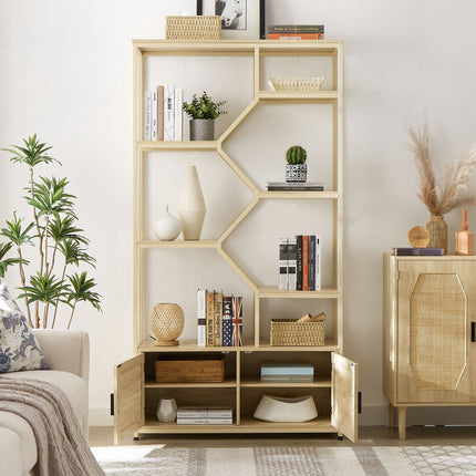 BC3- Rattan bookshelf 5 tiers Bookcases Storage Rack with cabinet for Living Room Home Office - Likeshoppe 