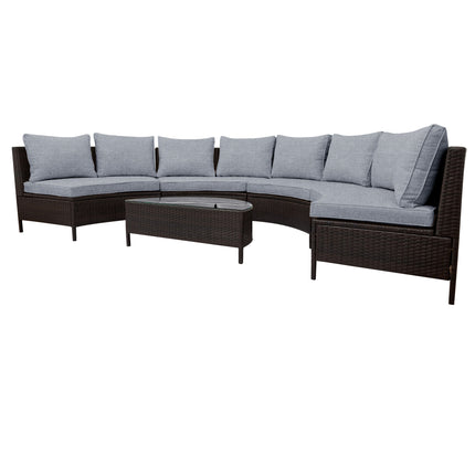 PX16- 5 Pieces All-Weather Brown PE Rattan Wicker Sofa Set Outdoor Patio Sectional Furniture Set Half-Moon Sofa Set with Tempered Glass Table - Likeshoppe 