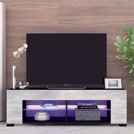 TV27- TV Stand for 32-60 Inch TVs Modern Low Profile Black+Stone Grey Entertainment Center with LED Lights 57 Inch Small TV Console Media Table with Glass Shelves and Hidden Side Bookshelf for Living Room - Likeshoppe 