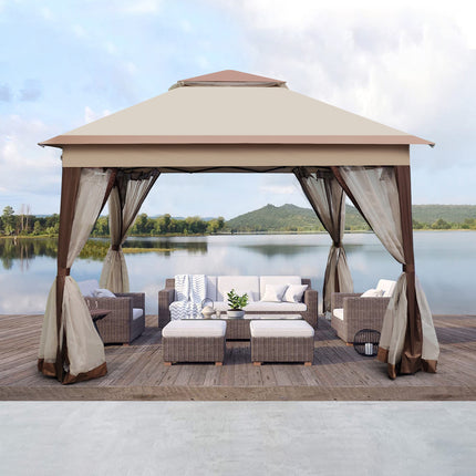 AG10- Outdoor 11x 11Ft Pop Up Gazebo Canopy With Removable Zipper Netting; 2-Tier Soft Top Event Tent; Suitable For Patio Backyard Garden Camping Area; Coffee - Likeshoppe 