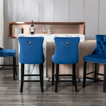 BS2- Furniture; Contemporary Velvet Upholstered Barstools with Button Tufted Decoration and Wooden Legs;  and Chrome Nailhead Trim;  Leisure Style Bar Chairs; Bar stools;  Set of 2 - Likeshoppe 