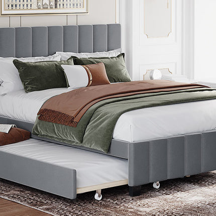 PF3- Queen Size Velvet Upholstered Platform Bed with 2 Drawers and 1 Twin XL Trundle - Likeshoppe 