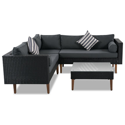 PX6- 4-pieces Outdoor Wicker Sofa Set;  Patio Furniture with Colorful Pillows;  L-shape sofa set;  Gray cushions and Black Rattan - Likeshoppe 