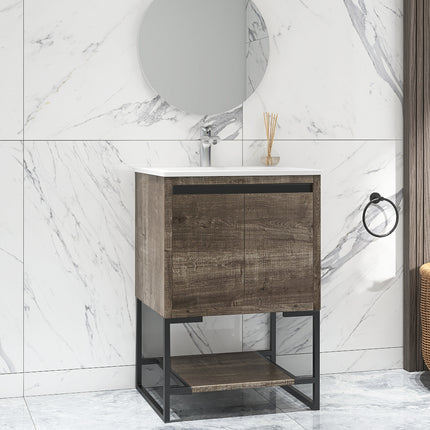PT6- 24 inches Wood Freestanding Bathroom Vanity Combo with Integrated Ceramic Sink and 2 Soft Close Doors - Likeshoppe 