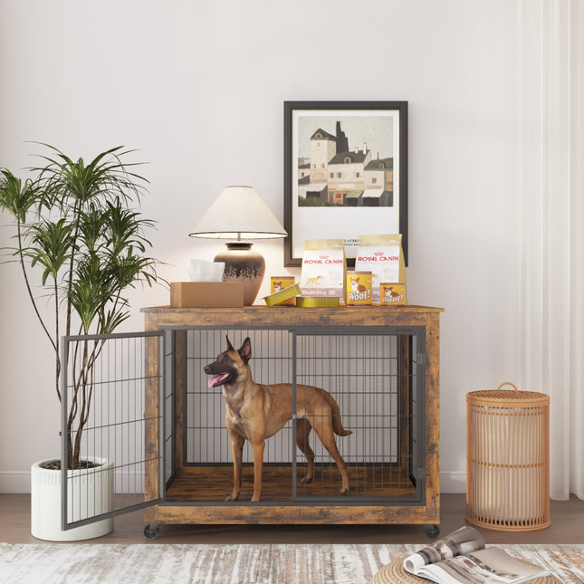 AB5- Furniture Style Dog Crate Side Table on Wheels with Double Doors and Lift Top - Likeshoppe 