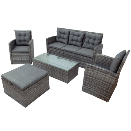 PX1- 5-piece Outdoor UV-Resistant Patio Sofa Set with Storage Bench All Weather PE Wicker Furniture Coversation Set with Glass Table, Gray - Likeshoppe 