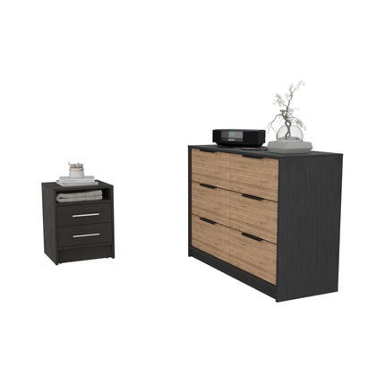 PD6- Benson 2 Piece Bedroom Set, Nightstand + Drawer Dresser, Black / Light Oak - Likeshoppe 