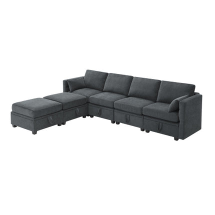 109*54.7\" Chenille Modular Sectional Sofa,U Shaped Couch with Adjustable Armrests and Backrests,6 Seat Reversible Sofa Bed with Storage Seats for Living Room, Apartment,2 Colors - Likeshoppe 