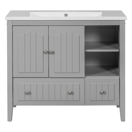 PT1- 36\\" Bathroom Vanity with Ceramic Basin;  Bathroom Storage Cabinet with Two Doors and Drawers;  Solid Frame;  Metal Handles - Likeshoppe 