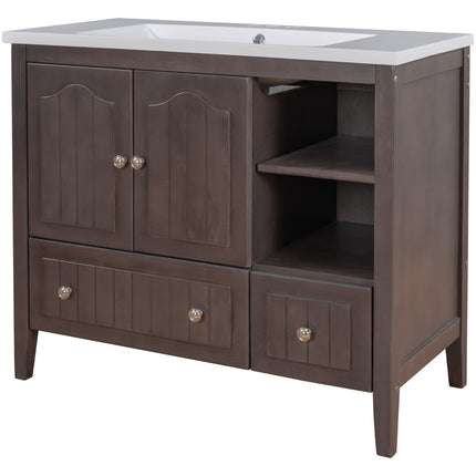 PT1- 36\\" Bathroom Vanity with Ceramic Basin;  Bathroom Storage Cabinet with Two Doors and Drawers;  Solid Frame;  Metal Handles - Likeshoppe 