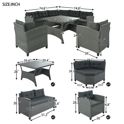 PX14- 6-Piece Outdoor Wicker Sofa Set, Patio Rattan Dinning Set, Sectional Sofa with Thick Cushions and Pillows, Plywood Table Top, For Garden, Yard, Deck - Likeshoppe 
