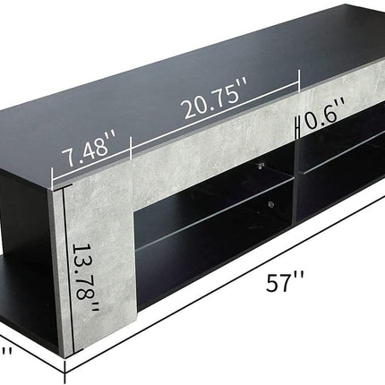 TV27- TV Stand for 32-60 Inch TVs Modern Low Profile Black+Stone Grey Entertainment Center with LED Lights 57 Inch Small TV Console Media Table with Glass Shelves and Hidden Side Bookshelf for Living Room - Likeshoppe 