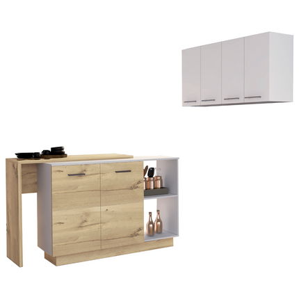 PA7 Norwalk 2 Piece Kitchen Set, Kitchen Island + Upper Wall Cabinet , White /Light Oak - Likeshoppe 
