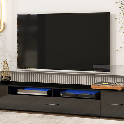 TV21- ON-TREND Extended, Minimalist Design TV stand with Color Changing LED Lights, Modern Universal Entertainment Center, High Gloss TV Cabinet for 90+ inch TV, Black - Likeshoppe 