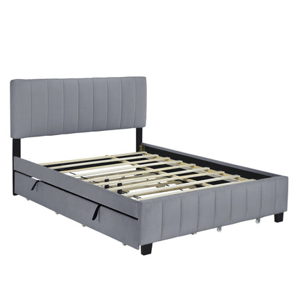 PF3- Queen Size Velvet Upholstered Platform Bed with 2 Drawers and 1 Twin XL Trundle - Likeshoppe 