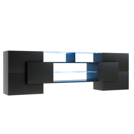 TV15- ON-TREND Unique Shape TV Stand with 2 Illuminated Glass Shelves, High Gloss Entertainment Center for TVs Up to 80", Versatile TV Cabinet with LED Color Changing Lights for Living Room, Black - Likeshoppe 