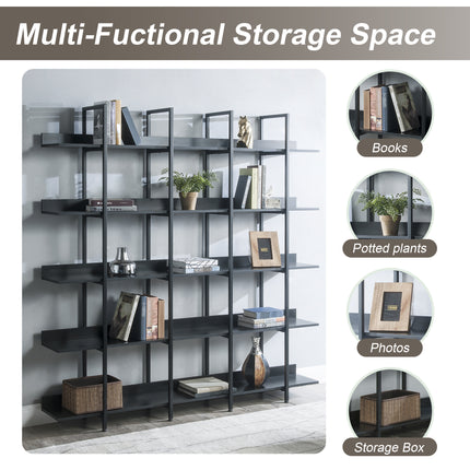 BC1- 5 Tier Bookcase Home Office Open Bookshelf, Vintage Industrial Style Shelf with Metal Frame, MDF Board - Likeshoppe 