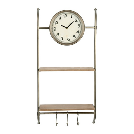 PR3- Woven Paths 16" x 5.75" x 32.25" Metal Wall Clock with Natural Wood Shelves and Hooks - Likeshoppe 