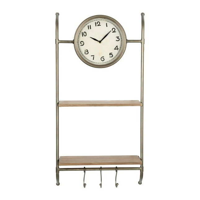 PR3- Woven Paths 16" x 5.75" x 32.25" Metal Wall Clock with Natural Wood Shelves and Hooks - Likeshoppe 