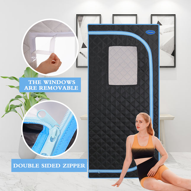 AK3- Portable Plus Type Full Size Far Infrared Sauna tent. Spa;  Detox ; Therapy and Relaxation at home.Larger Space; Stainless Steel Pipes Connector Easy to Install.FCC Certification--Black(Blue binding) - Likeshoppe 