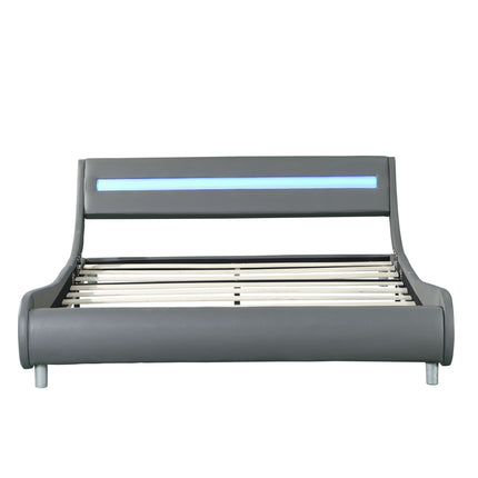 PF2- Faux Leather Upholstered Platform Bed Frame with led lighting , Curve Design, Wood Slat Support, No Box Spring Needed, Easy Assemble, Queen Size, - Likeshoppe 