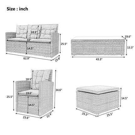 PX1- 5-piece Outdoor UV-Resistant Patio Sofa Set with Storage Bench All Weather PE Wicker Furniture Coversation Set with Glass Table, Gray - Likeshoppe 