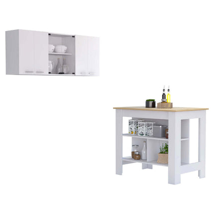 PA4- Norfolk 2 Piece Kitchen Set, Kitchen Island + Upper Wall Cabinet , White /Walnut - Likeshoppe 