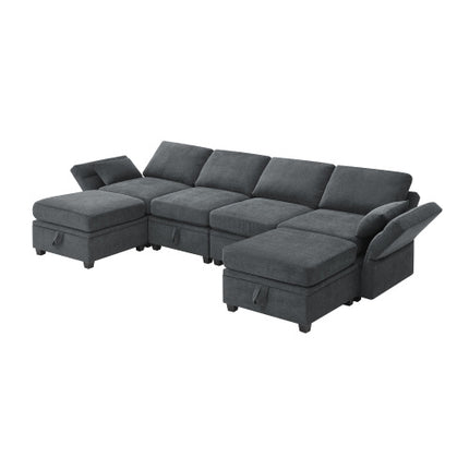 109*54.7\" Chenille Modular Sectional Sofa,U Shaped Couch with Adjustable Armrests and Backrests,6 Seat Reversible Sofa Bed with Storage Seats for Living Room, Apartment,2 Colors - Likeshoppe 